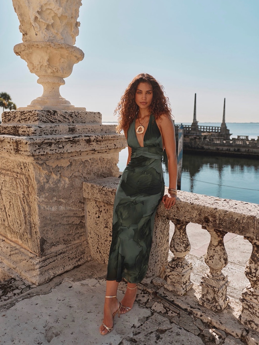 12th Tribe Rosalia Emerald Floral Mesh Halter Maxi Dress - Picture 5 of 12